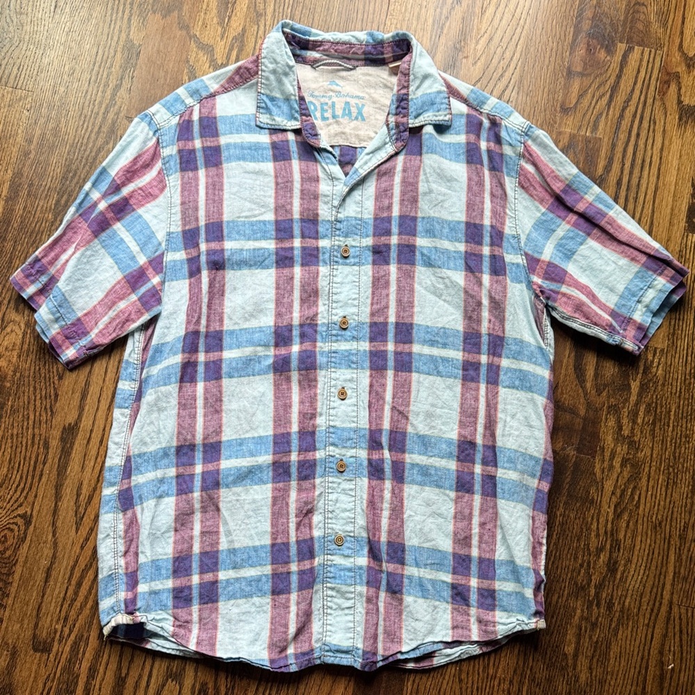 Tommy Bahama Relax Linen Plaid  Short-Sleeve Button-Up Shirt in Blue & Burgundy